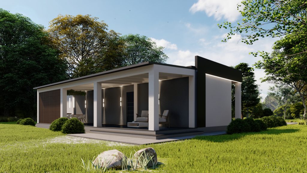 Single-story prefab home with floating canopy