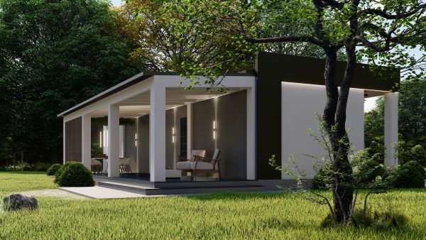 Single-story prefab home with floating canopy