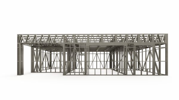 Single-story prefab home with floating canopy frame