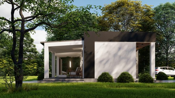 Single-story prefab home with floating canopy