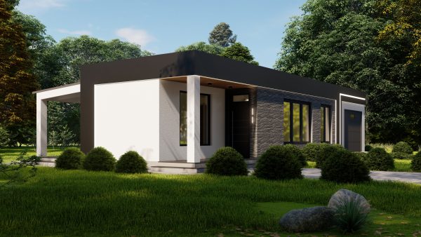 Single-story prefab home with floating canopy