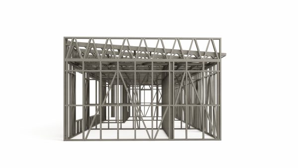 Single-story prefab home with floating canopy frame