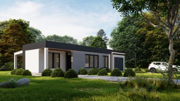 Single-story prefab home with floating canopy