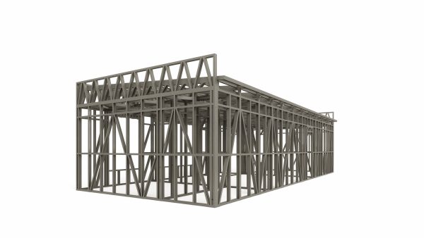 Single-story prefab home with floating canopy frame
