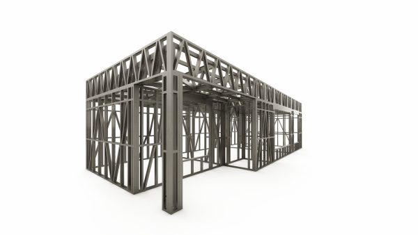 Single-story prefab home with floating canopy frame